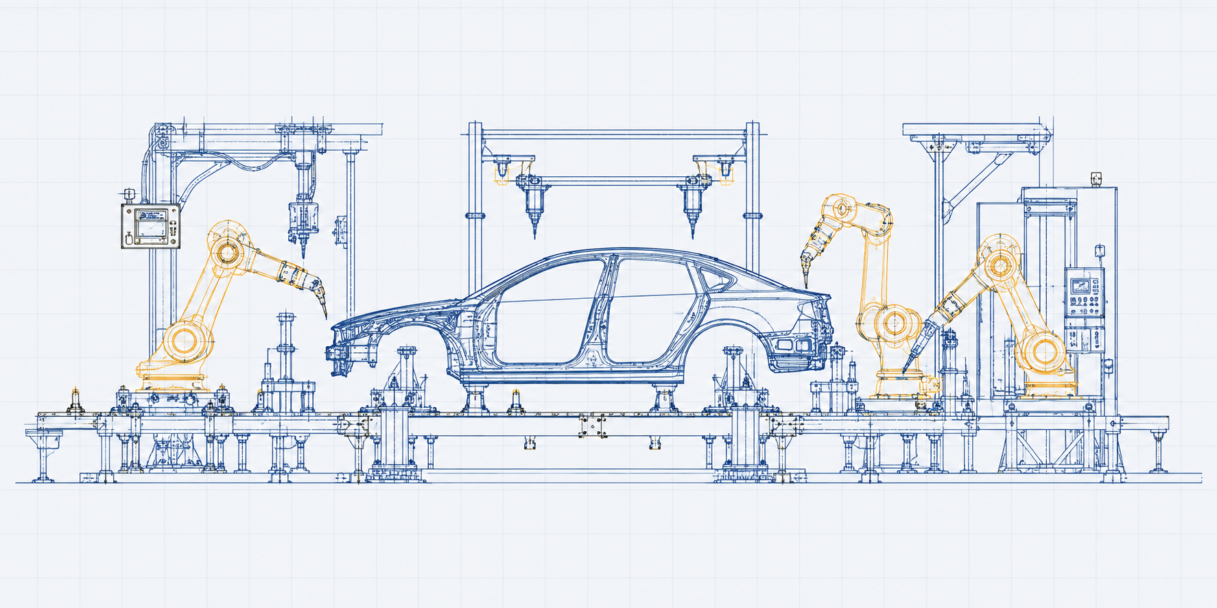 Technical illustration of an automotive final assembly line with robotic arms and vehicle body